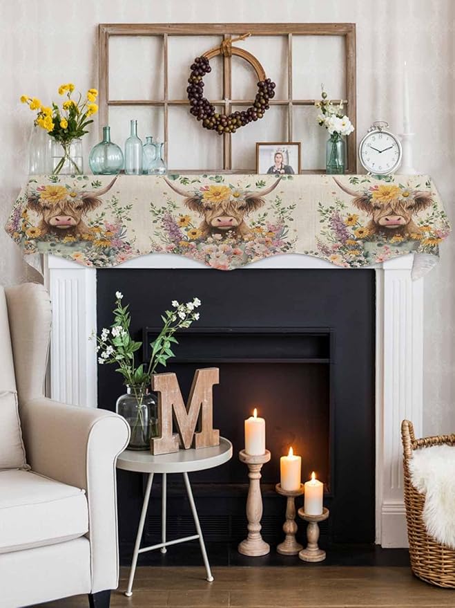 Spring Cow Floral Fireplace Mantel Scarf Table Runner, Green Eucalyptus Leaves Linen Winter Garland Mantel Top Tablerunners Dresser Scarves Cover Decorations for Windows Party Living Room 70''x17''