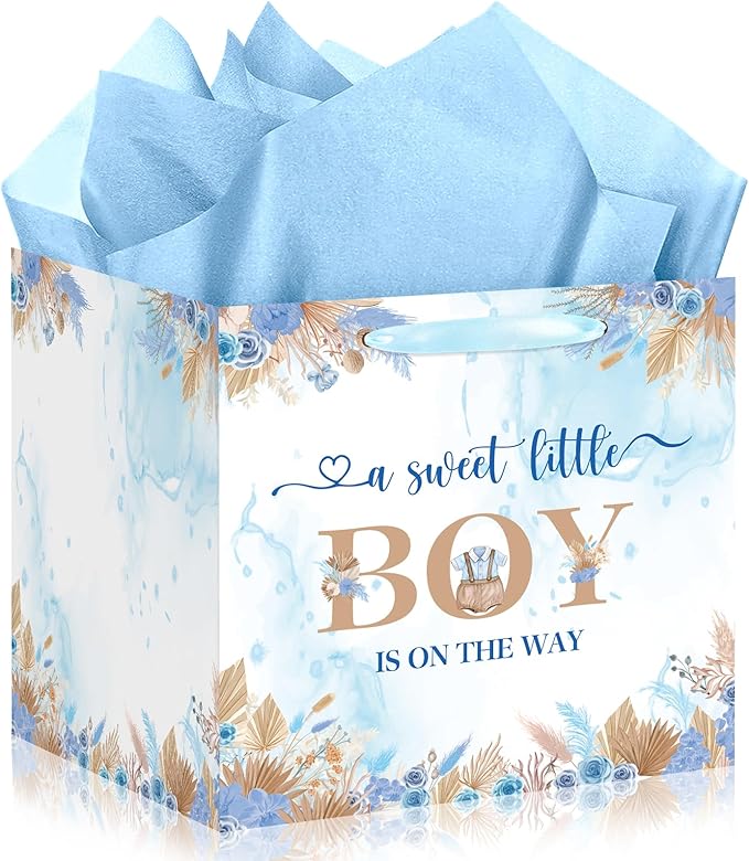 Woosytoo Sweet Baby Boy Gift Bag, Extra Large Baby Shower Square Gift Bags Blue Floral Jumbo Gifts Bag A Sweet Little Boy is on The Way Wrapping Paper Bag for Newborn Gender Reveal Party Favors