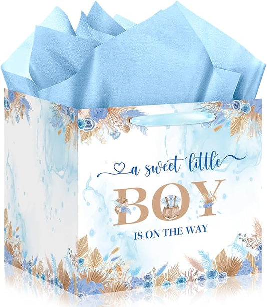 Woosytoo Sweet Baby Boy Gift Bag, Extra Large Baby Shower Square Gift Bags Blue Floral Jumbo Gifts Bag A Sweet Little Boy is on The Way Wrapping Paper Bag for Newborn Gender Reveal Party Favors