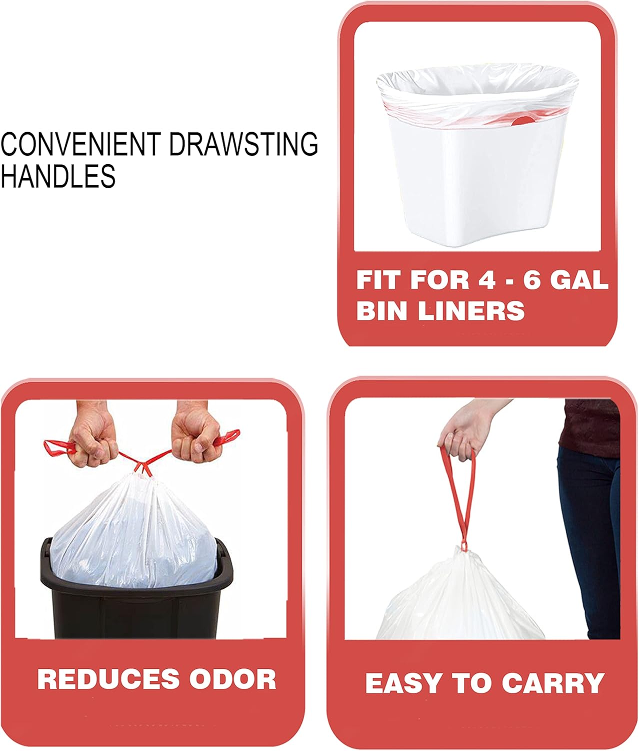 Trash Bags 4-6 Gallon Drawstring, 75 Count Garbage Bags, Medium Kitchen Trash Bags, Odorless & Heavy Duty White Plastic Food Scrap Bags for Bathroom Bedroom Office Waste