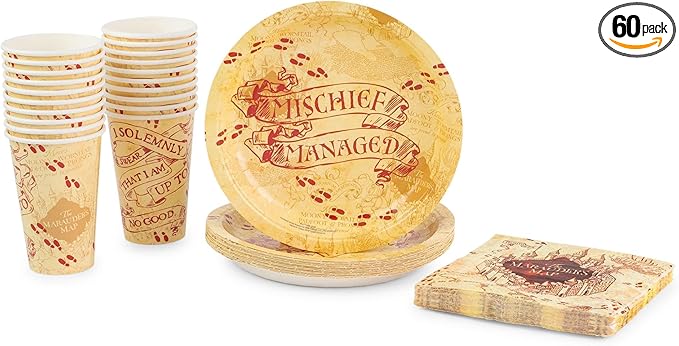 Silver Buffalo Harry Potter Mischief Managed 60 Pack Partyware Disposable Paper Plates, Napkins, and Cups
