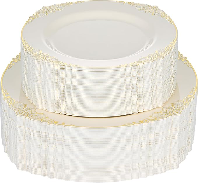 200 PCS Ivory and Gold Plastic Plates for 100 Guests, Gold Disposable Plates Include 100 PCS Dinner Plates, 100 PCS Dessert Plates for Party, Wedding and Graduation (200, Ivory White)