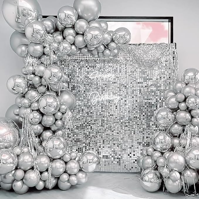 RUBFAC 120pcs Balloons for Birthday Baby Shower Graduation Anniversary Wedding Party Supplies Garland Arch Decoration,12 Inches,Silver Chrome Metallic