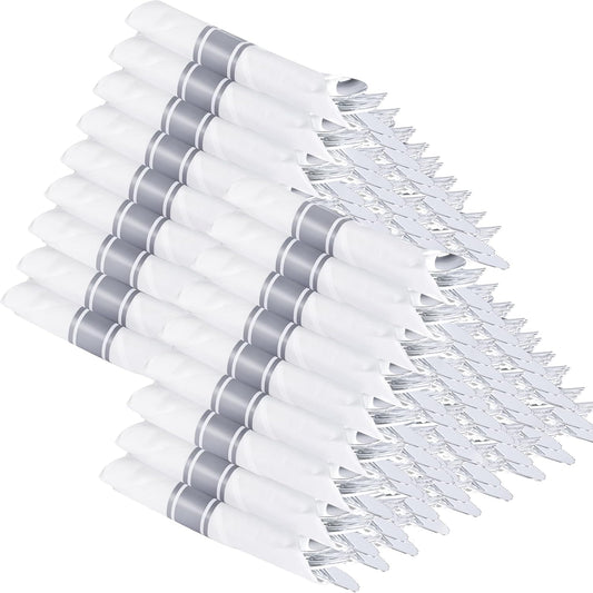 Supernal 100 Pack Silver Plastic Silverware Pre Rolled Silverware Set Disposable Cutlery Set Includes 100 Forks,100 Spoons,100 Knives and 100 Napkins,Plastic Utensils for Party,Wedding,Birthday