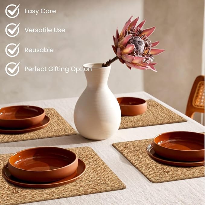 Jute Braided Placemats Set of 4-100% Jute Nonslip 14x14 inch Square Farmhouse Vintage Placemats for Dining Table - Perfect for Indoor Outdoor Natural Jute Placemats