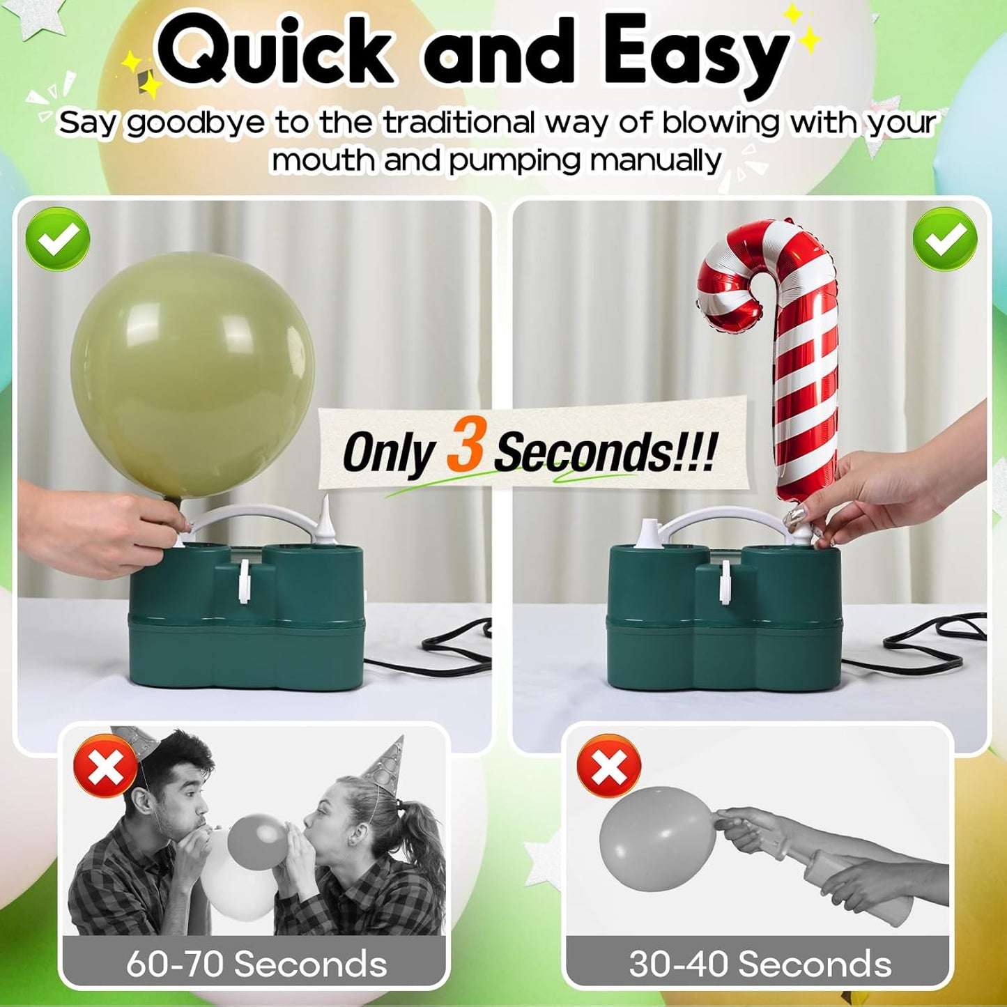 3-in-1 Electric Balloon Pump, Portable Air Pump for Latex 260q Foil Balloons, Dual Nozzle Balloon Blower Machine for Party Decoration, 110V AC Inflator Deflator for Inflatables Pool Floats Mattress