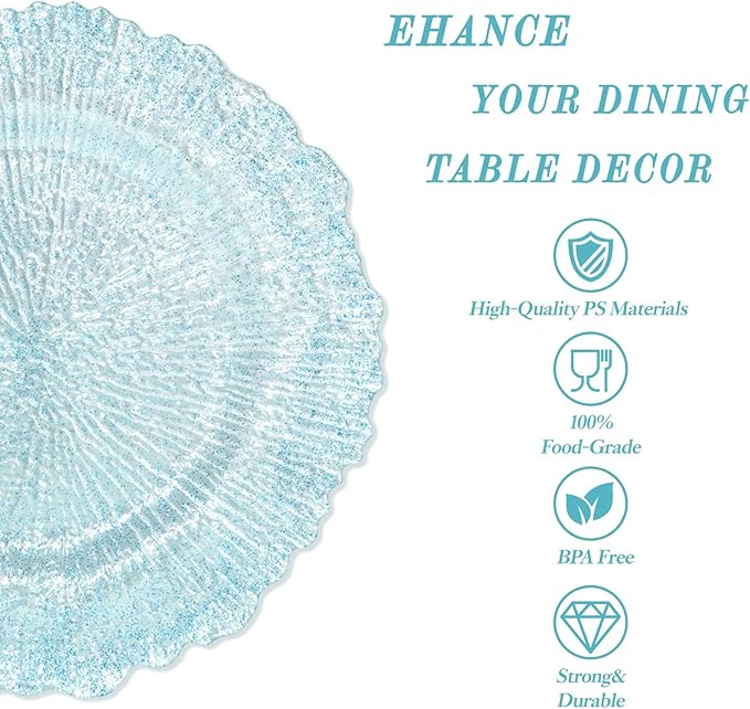 U-QE 60PCS Clear Blue Plates - Glitter Blue Plastic Hanukkah Plates Disposable&Reusable - Heavy Duty Plastic Plate for Hanukkah, Party&Wedding Including 30 Dinner Plate 10" & 30 Appetizer 7"