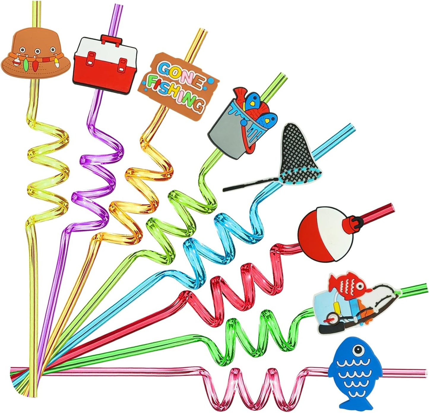 24PCS Fishing Party Favors,Summer Fishing Themed Birthday Party Supplies，Kids Daily Drinking Straws,Birthday Parties,Class Reunions,With 2 Cleaning Brushes.(8color)