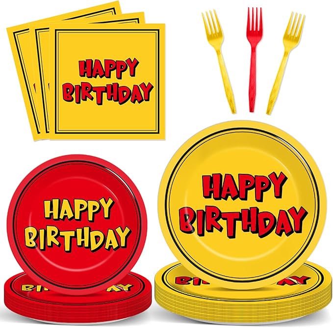 96PCS Cartoon Animation Birthday Paper Plates and Napkins for Cartoon Happy Birthday Party Decorations Red and Yellow Cartoons Animation Dinnerware Set for Boys Girls Kids Party Supplies Serve 24