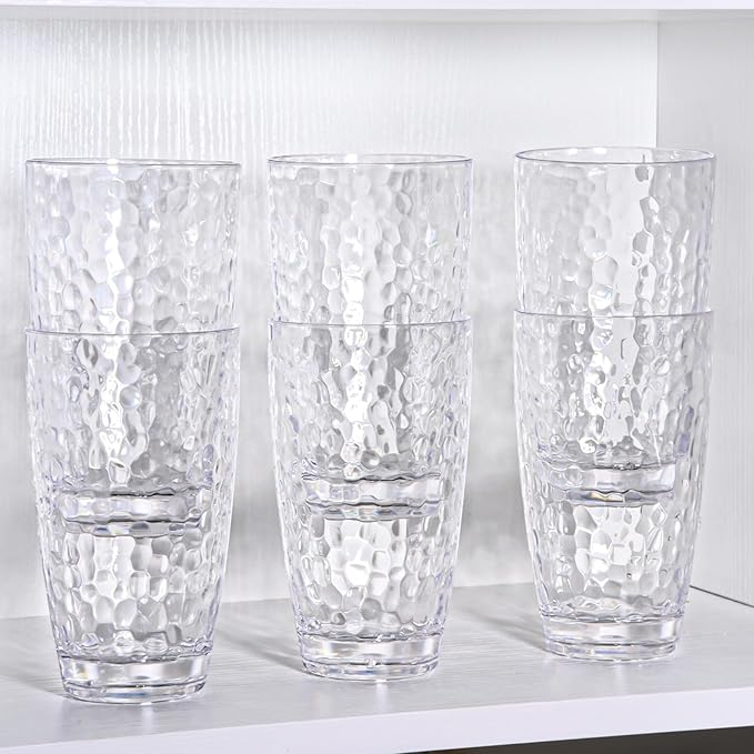 6 Pcs Plastic Drinking Tumblers Set of 18 oz, Acrylic Drinking Glasses with Straw&PP Brush, BPA-Free, Stackable Water Cups, Clear Cups for Juice, Wine (18 oz-6 pcs)