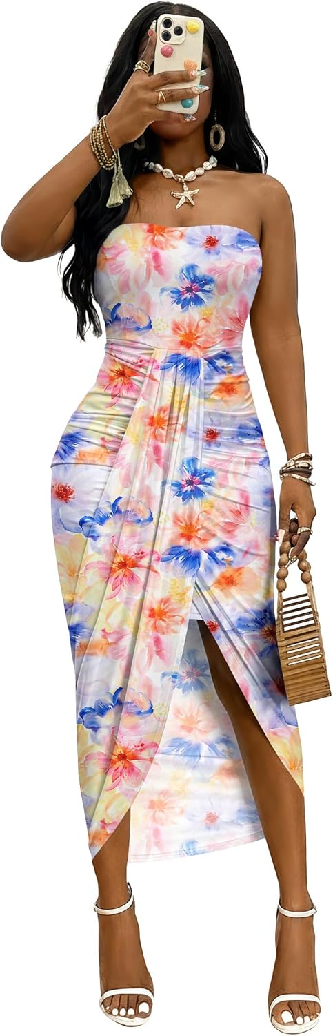 Umenlele Women's Strapless Ruched High Waist Wrap Split Asymmetrical Beach Maxi Long Dress