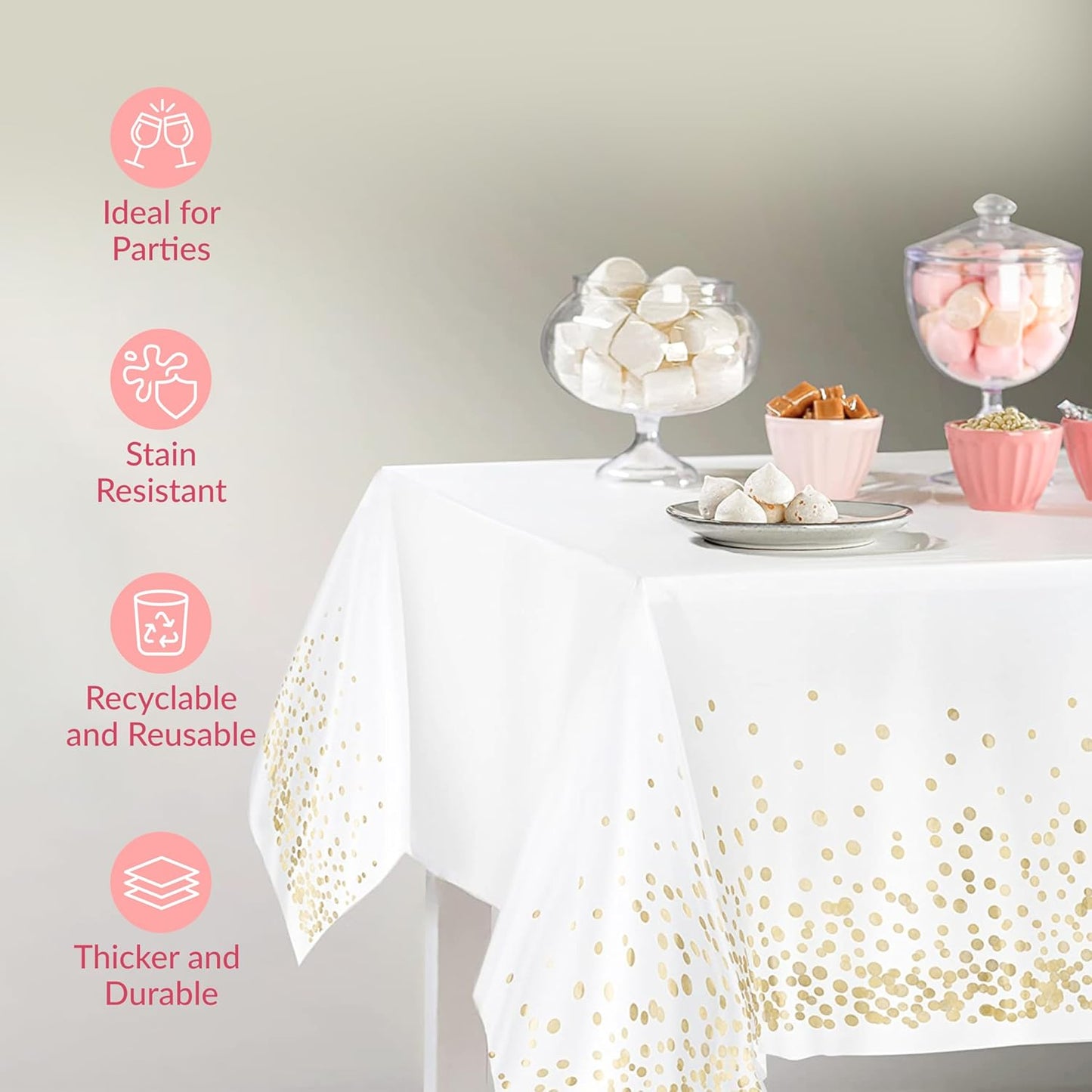 Prestee White and Gold Tablecloths, 4pk, 54x108 Inches - Party Table Cloths Disposable - Gold Dot Disposable Tablecloths - Plastic Table Cloth - Engagement Party Decorations, Baptism Decorations