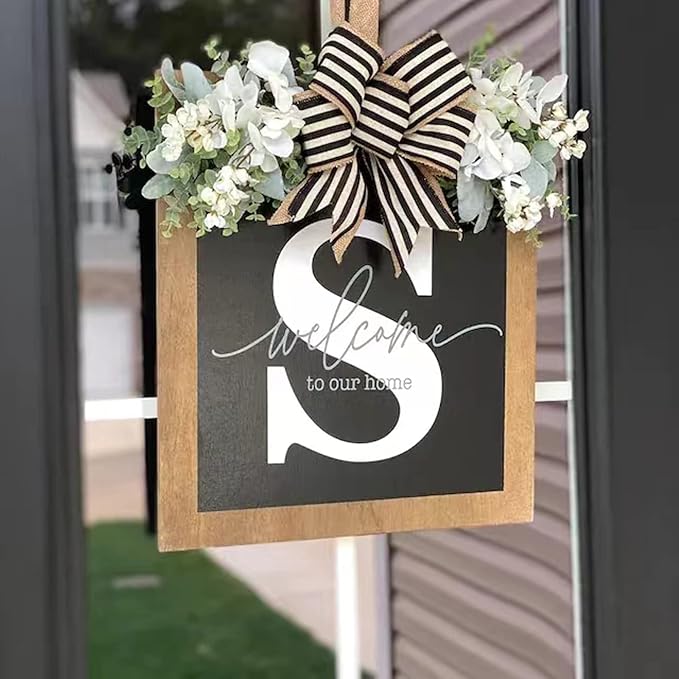Last Name Year Round Front Door Wreath Front Porch Decoration 26 Letter Welcome Sign with Eucalyptus Garland and Bow Spring Wreaths for Front Door Outside Hanger Garland（S）