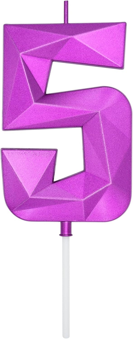 DERVENTA Large Birthday Candle Number 3D Purple 3.7 inch Party Celebration Anniversary Decoration Cake Topper 1 Piece (Number 5 Purple)