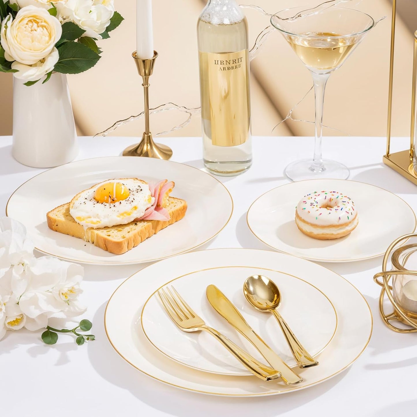 Nervure 100Pcs Ivory and Gold Plastic Plates - 10.25inch Disposable Ivory Dinner Plates - Heavy Duty Plastic Plate Ideal for Wedding & Party & Thanksgiving