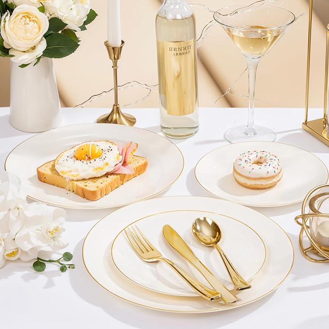 Nervure 100Pcs Ivory and Gold Plastic Plates - 10.25inch Disposable Ivory Dinner Plates - Heavy Duty Plastic Plate Ideal for Wedding & Party (Pack of 2)