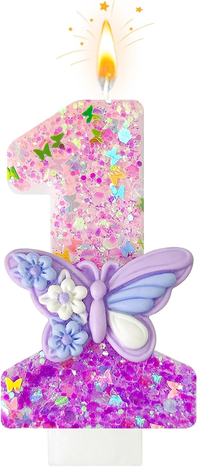 HXOUSE Butterfly Number 1 Birthday Candles - Pink & Purple Butterfly Birthday Candles for Cake, 1 Candle Topper for Anniversary Celebrations Supplies, Fairy Party Decorations for Girl (Number 1)