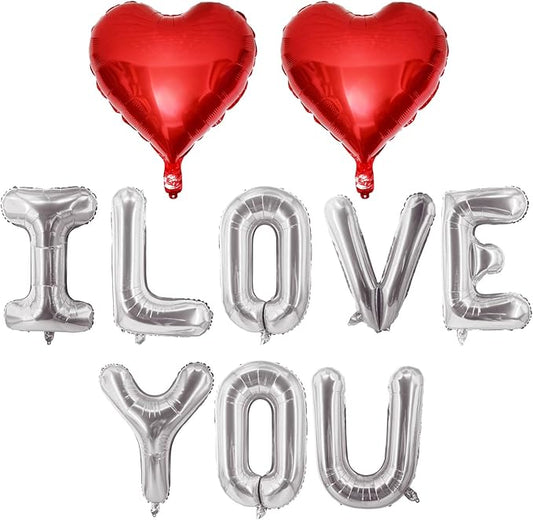 Red Heart Shaped Balloons Silver I LOVE YOU Valentine Balloons for Valentines Day Bridal Shower Wedding Party Decorations