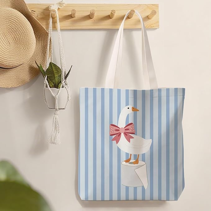 Coquette Pink Bow Goose Tote Bag for Women,Funny Goose Canvas Tote Bag,Gifts for Goose Lovers,Blue Striped Aesthetic Reusable Shopping Grocery Bags Party Favors