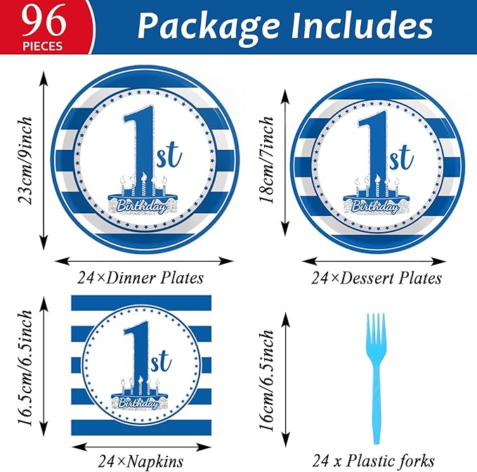 96Pcs Baby First Birthday Party Supplies Boy 1st Birthday Paper Plates Napkins Nautical Blue One Party Decorations Baby Show One Year Old Dinnerware Favor Tableware Serves 24