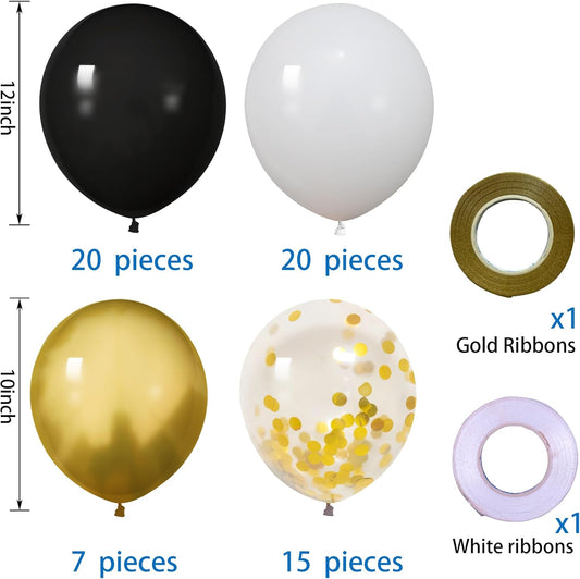 62Pcs12Inch Black White Metallic Gold Balloons Arch Kit, Matte Black White Gold Confetti Party Balloons with Ribbons for Birthday, Wedding, Baby Shower, Graduation, Eucalyptus Party Decorations