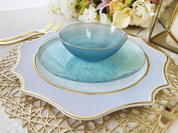 " OCCASIONS " 40 Pieces 13.25'' Scalloped Disposable/Reusable Plastic Charger Plates for Wedding, (Scalloped Imperial Blue & Gold)