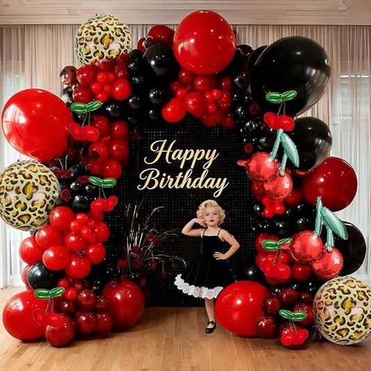 Red Black Balloon Arch Kit Double Stuffed Burgundy Black Maroon Balloon Garland Cherry Cheetah Print Balloons for Birthday Bridal Baby Shower Mother's Day Bachelorette Graduation Party Decorations