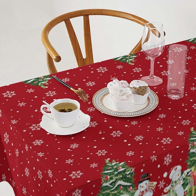 YCness Winter Christmas Snowman Tablecloth, Christmas Tree Cartoon Gift Watercolor Snow Nature Seasonal Decoration Table Cover for Dinner Birthday Holiday Party Kitchen Colorful Red White 60x110 Inch