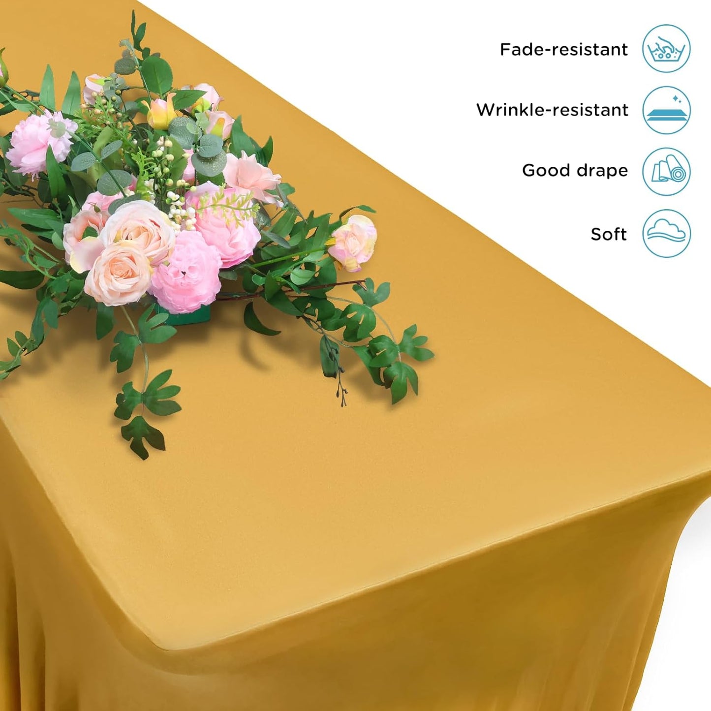 Table Skirts for 8ft Rectangle Tables - 1PCS Champagne Table Covers for 8 Foot Tables, Wrinkle Resistant Ruffles Elastic Table Cloths and Table Skirt for Banquets/Weddings/Parties/Birthday