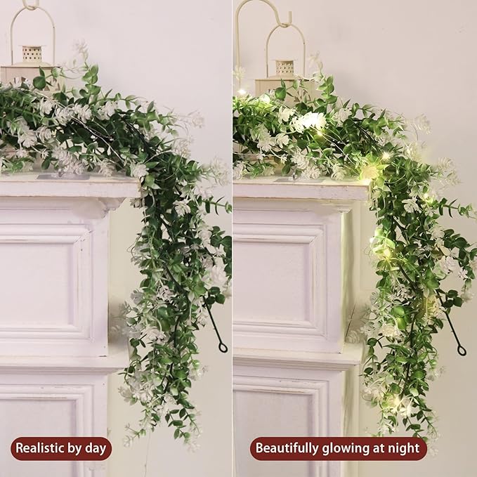 RECUTMS Greenery Vines Garland 3 Pack Artifical Garland with Lights Hanging Greenery Table Garland Greenery Artificial Green Leaves for Mantel Wedding Backdrop Arch Wall Indoor Outdoor Decor(White)