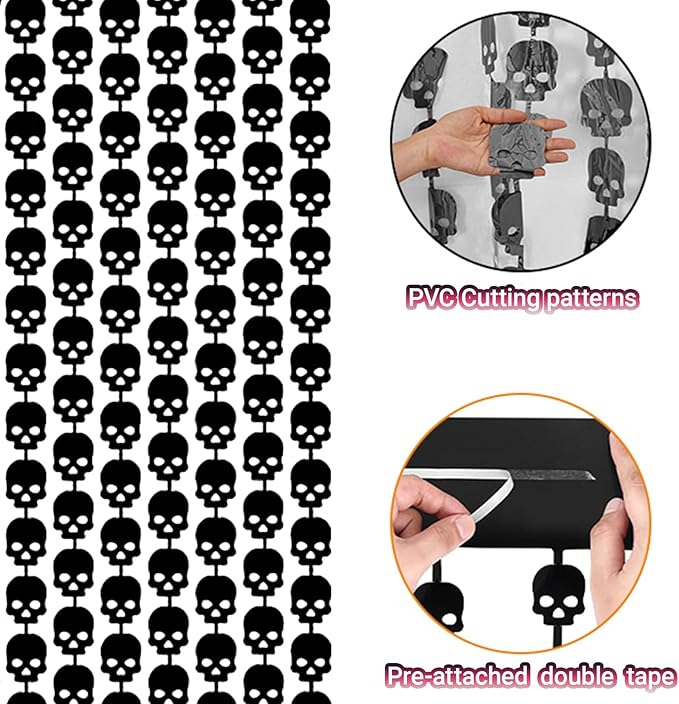 Gothic Party Decorations - 2 Packs Black Skull Foil Fringe Streamers Curtains for Birthday Bridal Shower Engagement Wedding Wall Bachelorette Coquette Party Decor(3.3x6.6 ft)