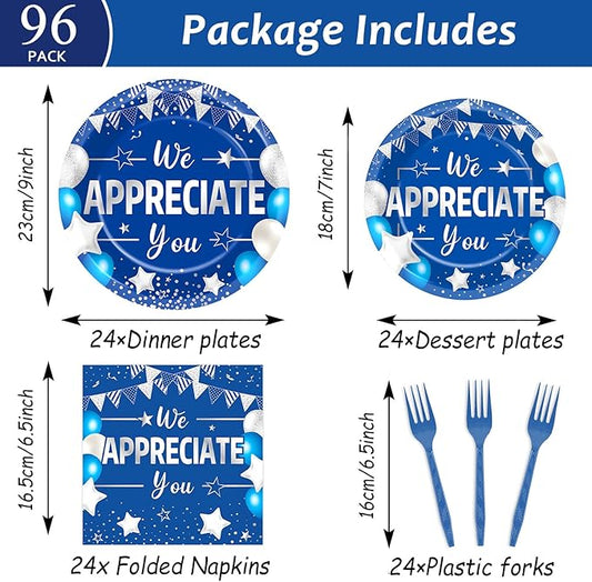96pcs Blue Silver We Appreciate You Plates and Napkins Set for Thanksgiving Party Decorations Thank You Dinnerware Tableware for 24 Guests Employee Teacher Graduate Pastor Appreciation Party Supplies