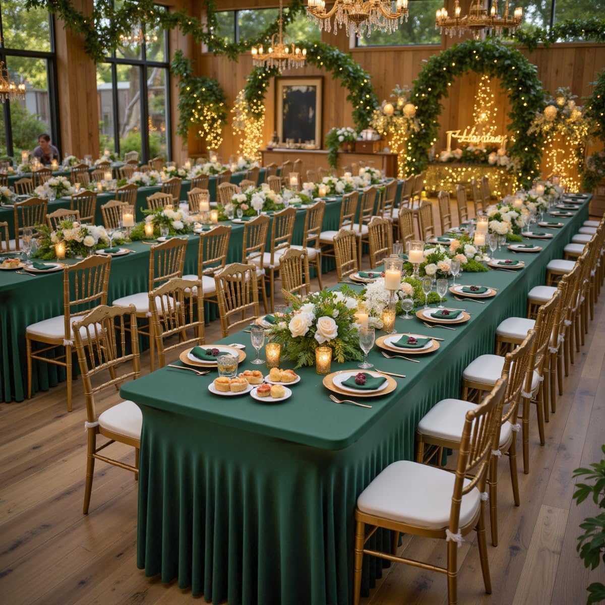 Outpain 8ft Spandex Table Cloth for Standard Folding Tables-4Pack Hunter Green Table Cloth Table Protector for Party, Wedding, Cocktail, Banquet, Festival