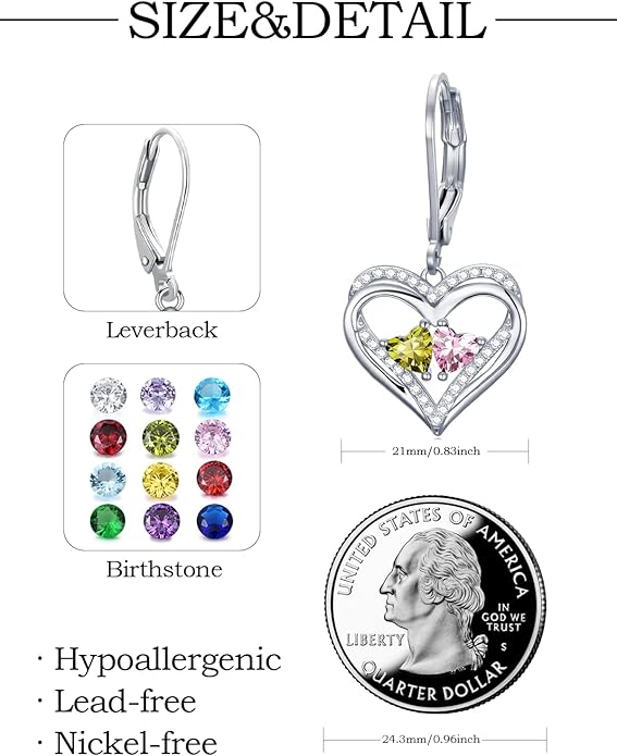 Valentines Day Gifts for Women, Heart Leverback Earrings Double Birthstone Dangle Earrings for Women, Love Jewelry for Her, Anniversary Birthday Gift for Mom Wife Girlfriend