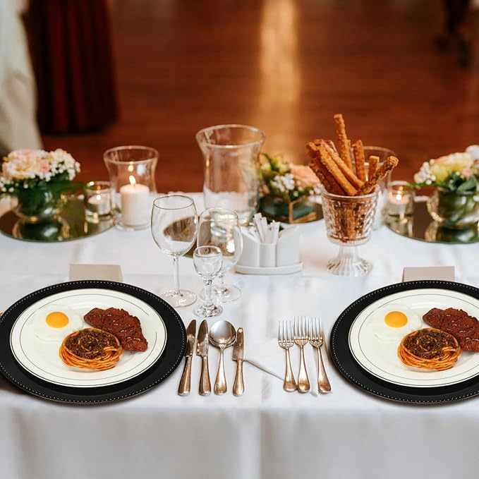 24 Pack Metallic Charger Plates 13inch Round Elegant Serving Plates Plastic Disposable Chargers Bulk Dinnerware Set for Dinner Wedding Party Events Catering Decoration(Black,Beaded Rim)