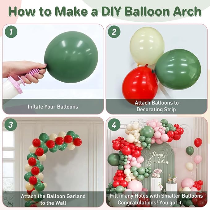 Sage Green Pink Red Balloon Arch Garland Kit, 167PCS Sage Green Blush Cherry Red Ivory Latex Balloons for Christmas Birthday Graduation Baby Shower Wedding Party Decoration