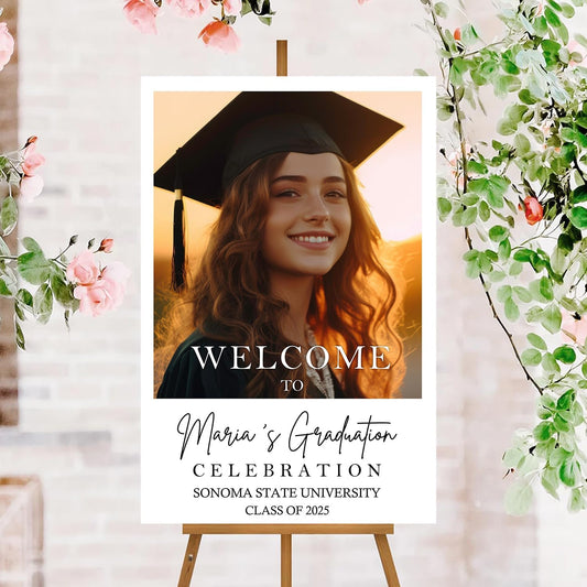 Minimalist Grad Party Welcome - Graduation Photo Sign, Decor With Frame Included