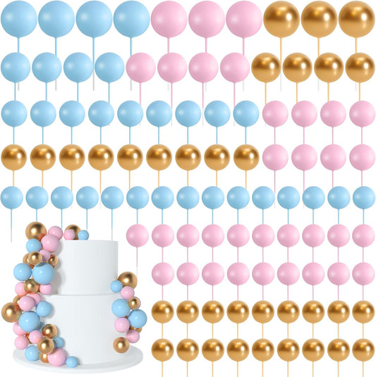 138 Pcs Balls Cake Topper Decorations Balloon Cupcake Toppers Foam Multisize Cake Topper Balls for Birthday Party Wedding Anniversary (Blue,Pink,Gold)