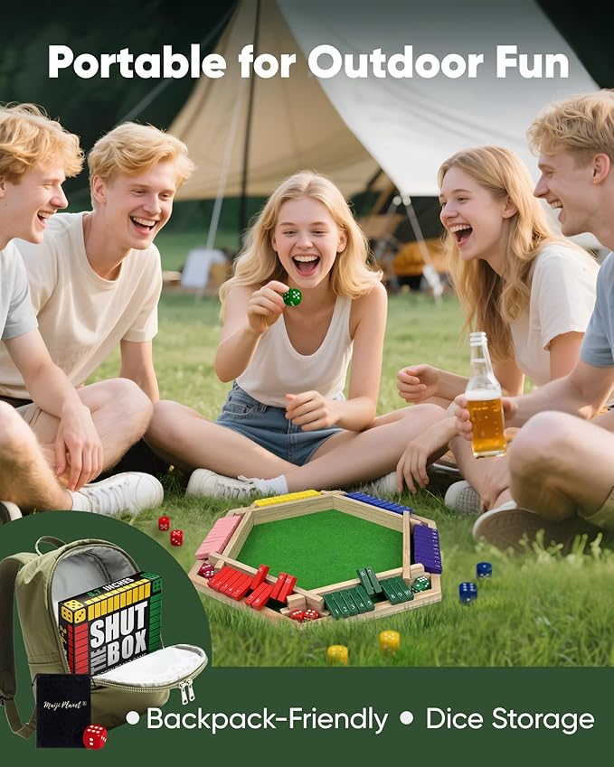 Maiji Planet Original Classic 2-6 Player Shut The Box Game, Math Dice Board Game for Family Night Classroom Travel, Wooden Classic Table for Group Kid Adult Senior Travel Party Bar Easy Quick and Fun