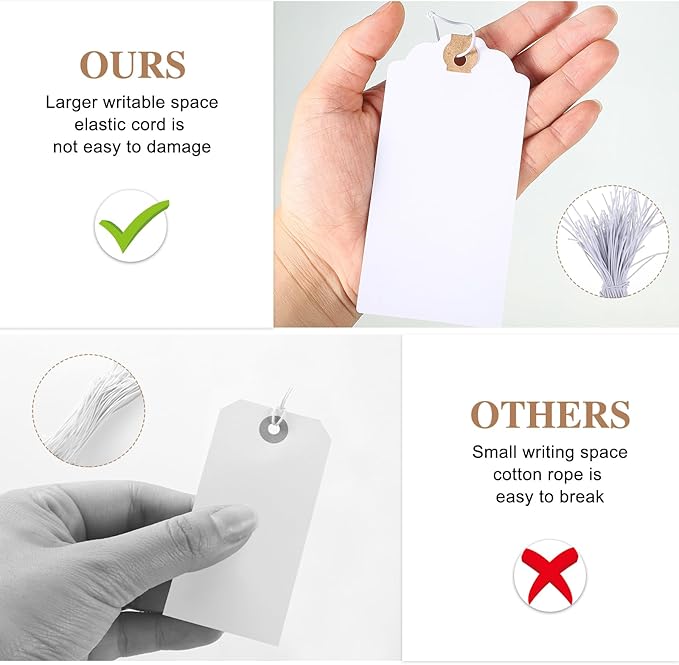 120 Pack White Gift Tags with Elastic String Hang Paper Marking Tags with String Attached Reinforced Hole Writable Inventory Tag 4.76''×2.36''