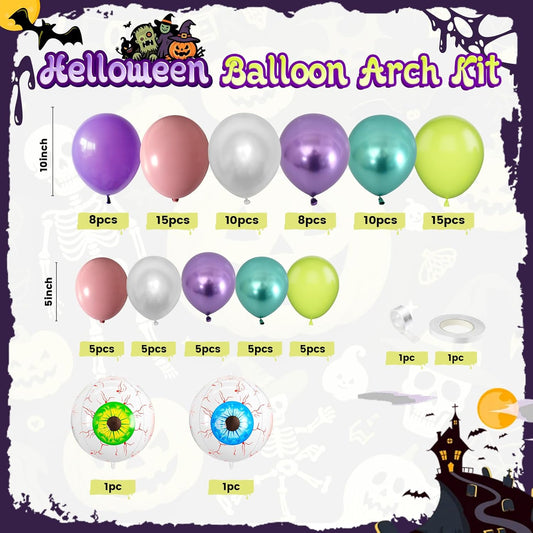 Halloween Balloon Arch Garland Kit, Pink Green Purple Balloons With Blue Green Eyeball Foil Balloons For Halloween Ghost Masquerade Spooky Vampire Scary Themed Birthday Party Decorations