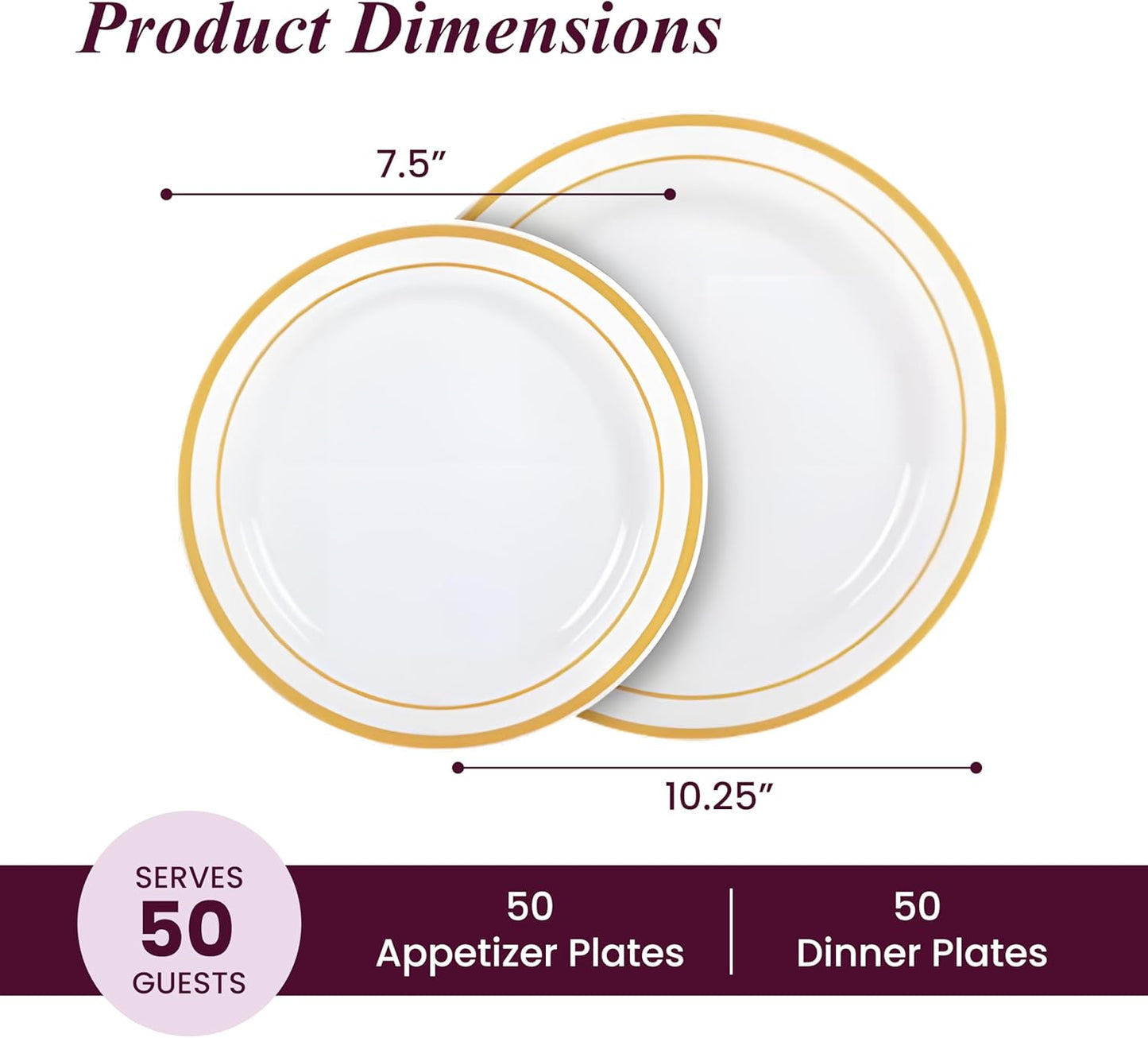 Aya's Cutlery Kingdom 100 Disposable White Plastic Plates with Gold Trim - Includes 50 (10-Inch) Plastic Dinner and 50 (7.5-Inch) Salad Dessert Plates - Heavy Duty and Elegant Tableware
