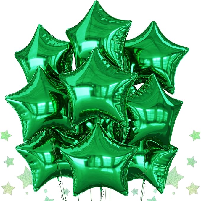 Green Star Balloons Foil, 10PCS Green Foil Stars Shape Balloons, 18 Inch Metallic Stars Balloon for Helium Pentagram Balloon for Birthday, Anniversary, Jungle Theme, Christmas Party Decoration
