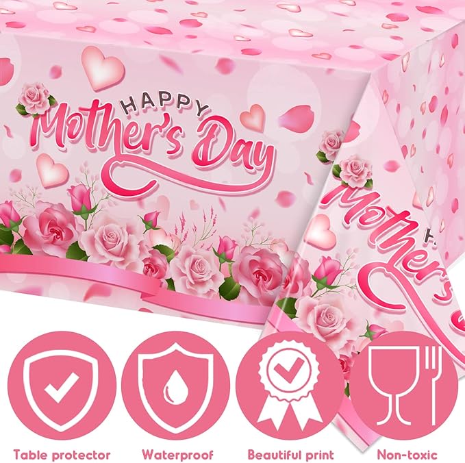 Happy Mothers Day Decorations Tablecloth 4 Pack Large Rectangle Pink Rose Mothers Day Table Covers for Mothers Day Outdoor Party Disposable Waterproof Plastic Tablecloth