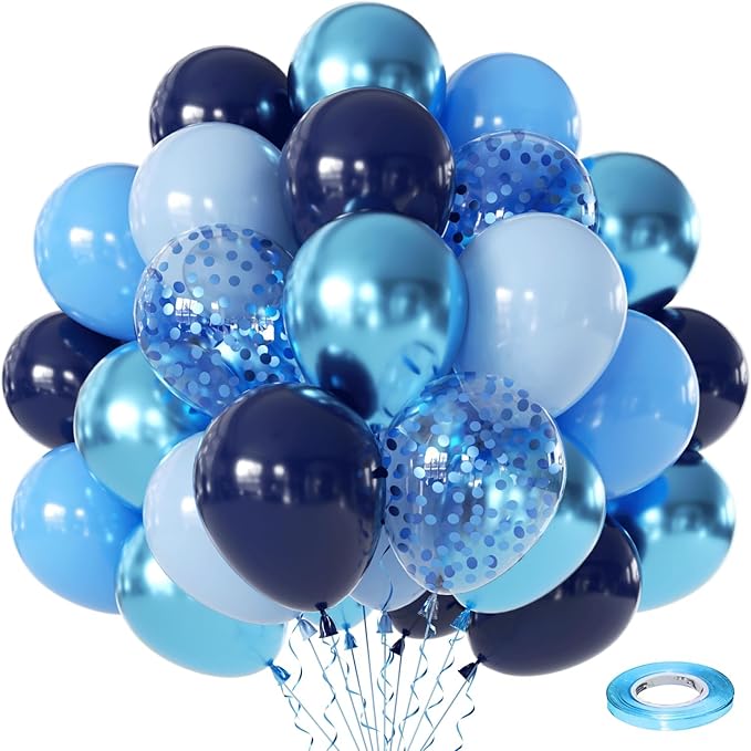 Zesliwy Blue Confetti Balloons Set,50Pcs 12 Inch Navy Light Metallic Blue Balloon Kit Pastel Pale Blue Latex Balloon with Ribbon for Birthday Wedding Graduation Anniversary Party Decorations