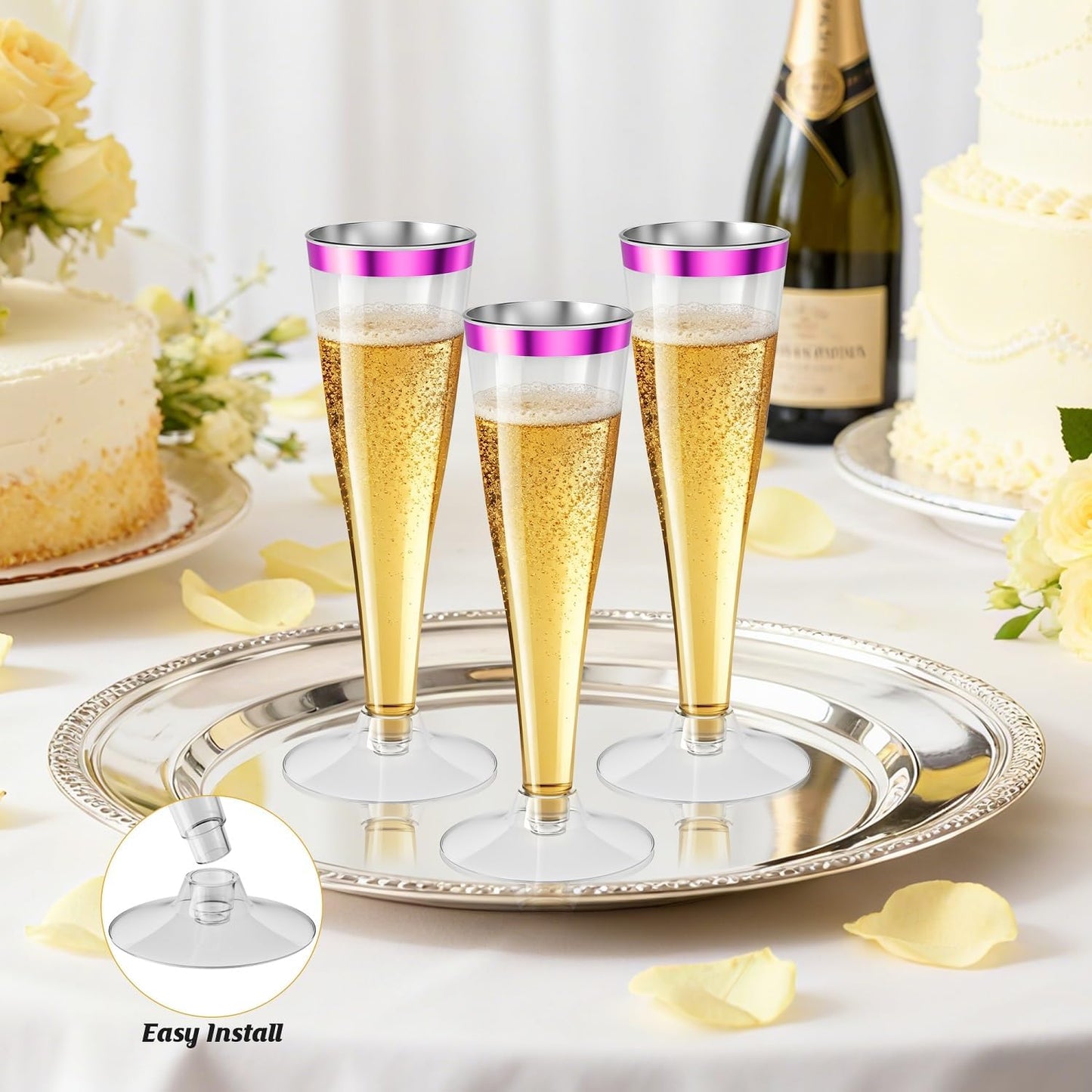 40 Pack Purple Rim Champagne Flutes Plastic Wine Glasses Disposable, 4.5 Oz Clear Purple Rim Mimosa Glasses for 2025 Engagement Wedding Birthday New Years Eve Xmas Party Supplies, Bulk Cocktail Cups