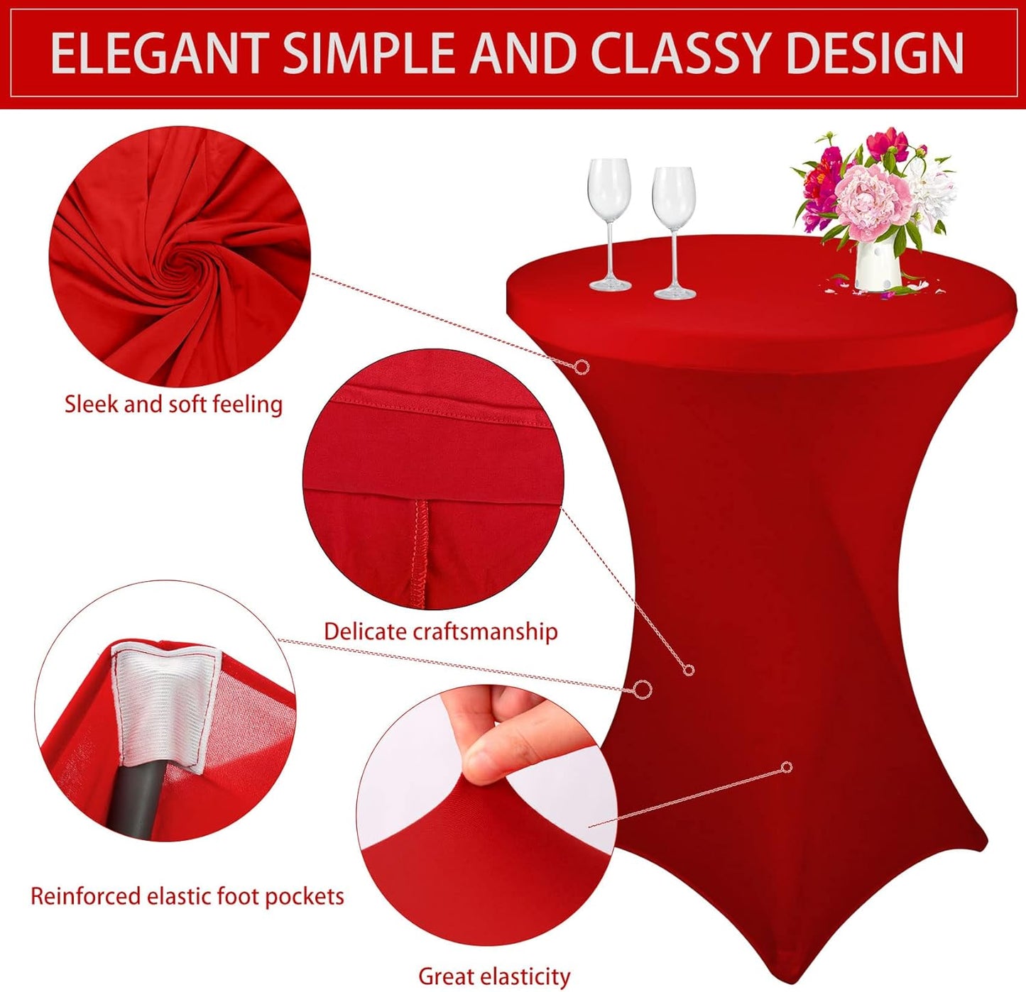 6 Pack Cocktail Spandex Tablecloth 32"x43" Red Stretch Square Corners Cocktail Table Cover Fitted High Top Round Table for Bar Wedding Birthday Party Banquet