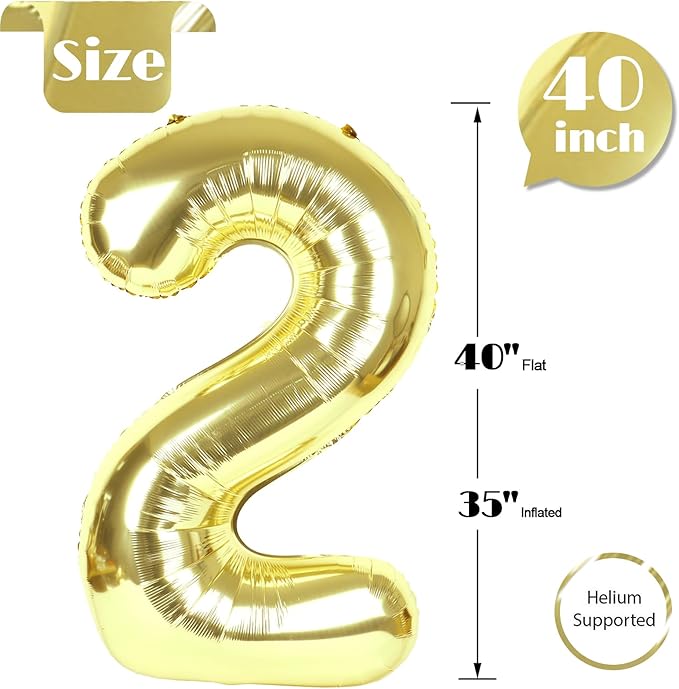 Light Gold Number 2 Balloon 40 Inch, 2nd Birthday Decoration for Toddlers Girls Boys, Sparkling 2 Number Balloon Party Decor