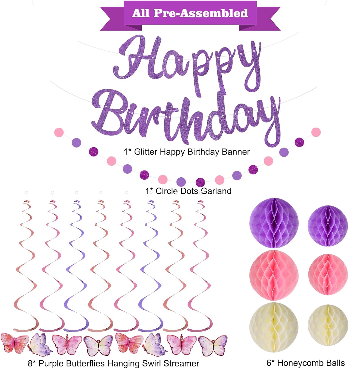 Birthday Decorations, NO DIY, Pre-Strung Happy Birthday Banner with Honeycomb Balls, Hanging Swirls, Circle Dots Garland, Happy Birthday Party Decorations for Women Men Boys Girls (Purple)