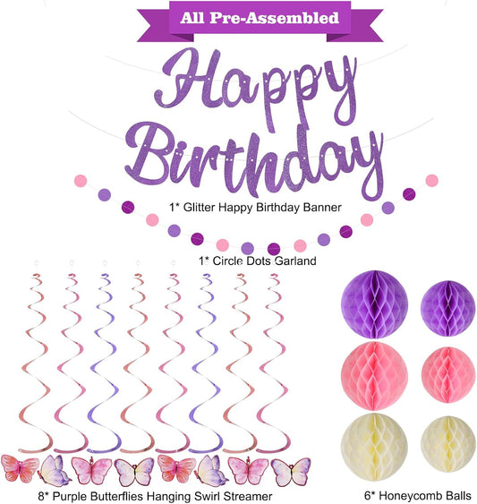 Birthday Decorations, NO DIY, Pre-Strung Happy Birthday Banner with Honeycomb Balls, Hanging Swirls, Circle Dots Garland, Happy Birthday Party Decorations for Women Men Boys Girls (Purple)